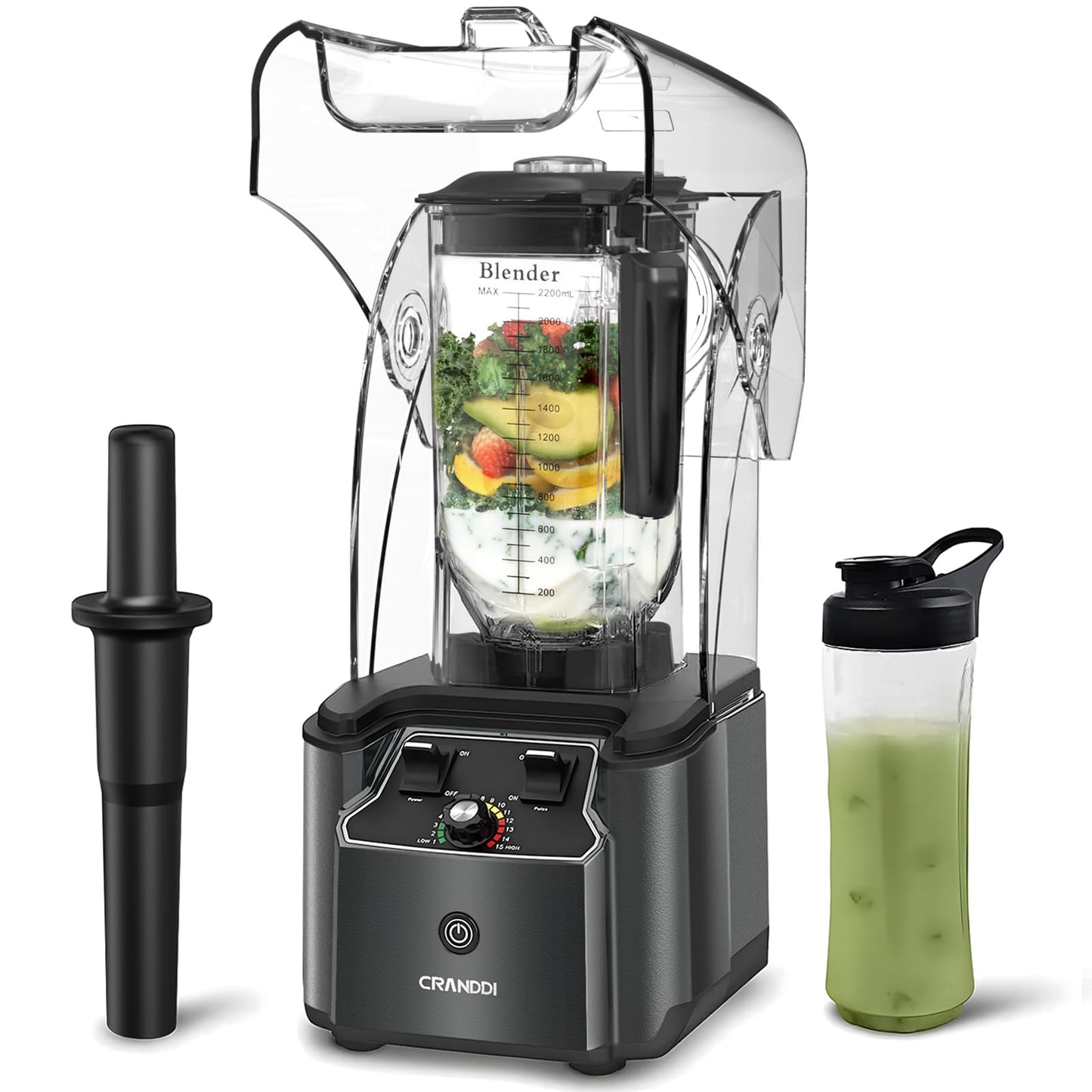 CRANDDI Commercial Quiet Blender 2200 Watt Professional Countertop Blender with BPA-FREE 80oz Pitcher Built-in Pulse & 15-speeds Control Smoothie Blender for Commercial and Home K90 Grey